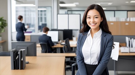 Fototapeta premium Confident Businesswoman in Modern Office: A professional Asian businesswoman stands confidently in a modern office setting, showcasing her success and leadership. The image captures a sense of empower