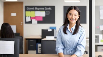 Confident and Ready: A professional Asian woman exudes confidence as she stands in a modern office setting, ready to tackle her work day. Her warm smile and inviting demeanor create a welcoming atmosp