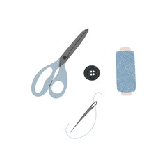 Set of tools for sewing. Needle, scissors,needle,thread.