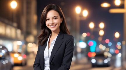 Attractive businesswoman confident in success in office with group of colleagues in the background Businesswoman with colleagues in conference room
