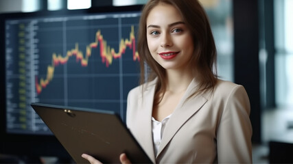 a young pretty businesswoman, red lipstick, smiling into the camera, holding a leather folder in her hands and standing in a bright sunny openspace office