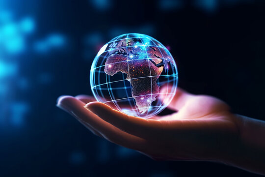 Hands holding a glowing globe on dark background. 3d rendering