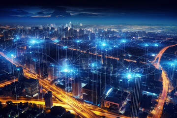 Modern Aerial view of modern city at night. 3D Rendering
