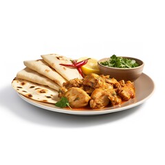 a plate with roti and chicken curry isolated on white background