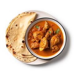 a plate with roti and chicken curry isolated on white background - obrazy, fototapety, plakaty