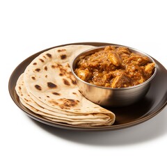 a plate with roti and chicken curry isolated on white background