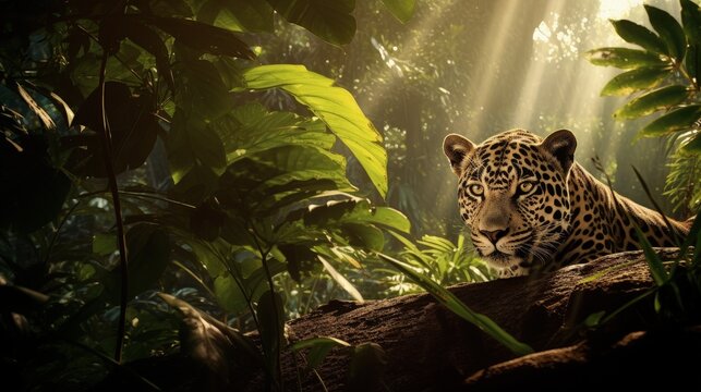 Close Up Portrait Of A Jaguar In A Tropical Jungle