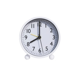 White round alarm clock in 8 o'clock isolated on transparent background, png file