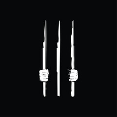 black and white hands holding bars in a prison of darkness
