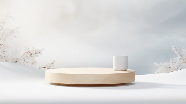 3D podium display and pine tree, Christmas lights background with snow and 3D modern pedestal design for product showcase presentation, studio lighting, AI generated.