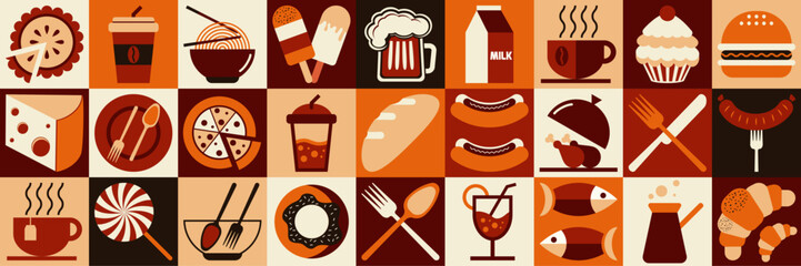 Food and drink pattern. Set of icons. Geometric pattern. Mosaic style. Autumn palette of colors