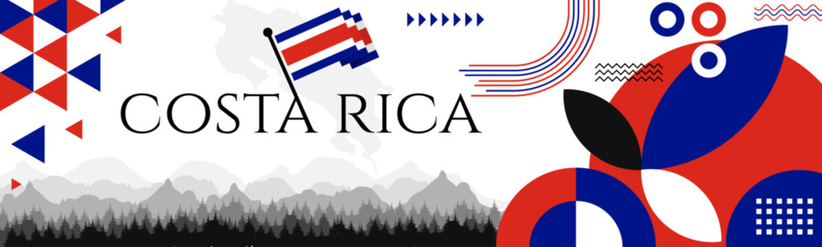 Costa Rica Independence Day abstract banner design with flag and map. Flag color theme geometric pattern retro modern Illustration design. Red and Blue flag color template.