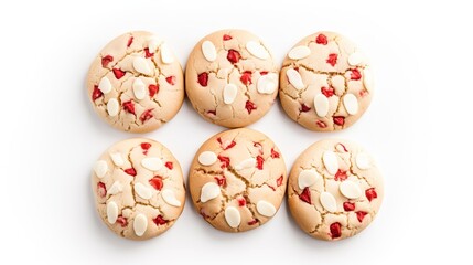 White Chocolate Strawberry Cookies in a bowl isolated on white background top view