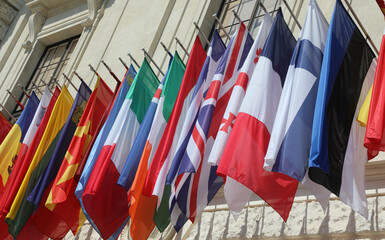 lots of flags of various world nations waving outside the government building