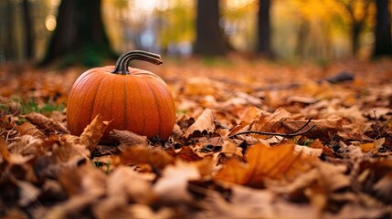 a pumpkin sitting in the middle of a pile of autumn leaves, surrounded by trees and yellowed foliages