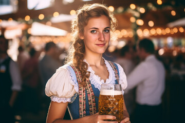 Fototapeta premium Waitress in traditional blue and white Dirndl dress with beer mugs at German Oktoberfest