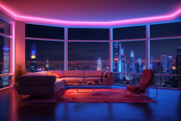 Futuristic Interior of a living room with a panoramic view of the city
