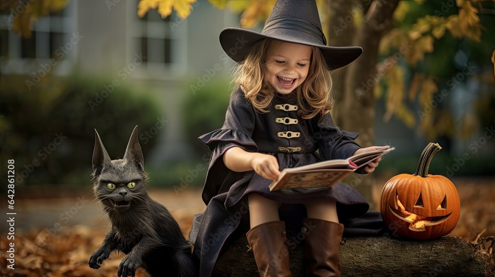 Wall mural a little girl dressed as a witch reading a book with her black cat in the background is an autumn scene - Wall murals