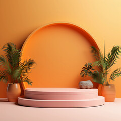 Obraz premium Summer orange color podium, Abstract minimal geometric background, Aesthetic summer dais and shadows on the wall, 3D Modern design for product showcase, studio lighting, AI generated.