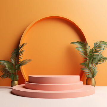 Summer orange color podium, Abstract minimal geometric background, Aesthetic summer dais and shadows on the wall, 3D Modern design for product showcase, studio lighting, AI generated.