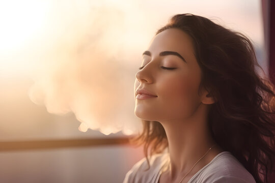 Woman Breathing In Morning Meditation And Mindfulness Practice