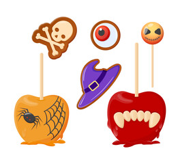 Funny sweet Halloween snacks or treats vector illustrations set. Collection of cartoon drawings of glazed apples, creepy lollipop, witch hat cookie. Halloween, food, desserts, holidays concept