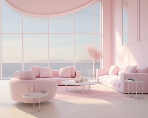 This cozy, inviting living room features pink furniture, a loveseat and armrests, plush pillows, and a large window that frames a view of the outside world, creating an airy atmosphere that encourage