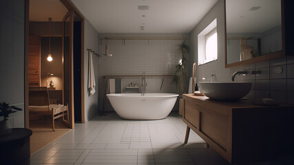 Fototapeta na wymiar a bathroom, minimalist design, in the morning light