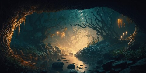 A fantastic mystical landscape of the elven gorge. Grim mountains, trees, and a stream. A magical place in the middle of the forest illuminated by magical lanterns, fireflies. AI generated. - obrazy, fototapety, plakaty