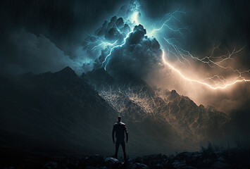 Obraz premium A man stands with his back to the high mountains and a stormy night sky. Bright flashes of lightning illuminate the man's silhouette. The concept of courageAI generated
