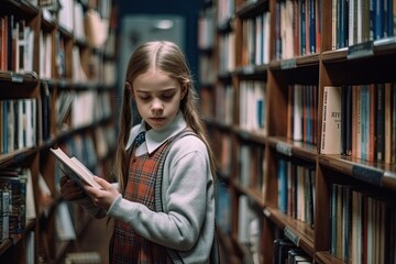 a young girl reading in the library, she is wearing a school uniform and holding a book with her right hand