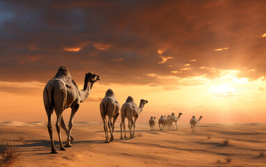 Fototapeta na wymiar Camels walking in the desert at sunset