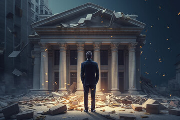 Businessman standing in front of the bank with broken bank building in the background - obrazy, fototapety, plakaty