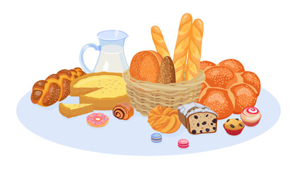 Different baked desserts and bread vector illustration. Cartoon drawing of fresh pastry, pies, baguettes, muffins, cupcakes, macarons, jug of milk. Bakery, confectionary, desserts, food concept
