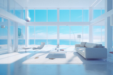 Fototapeta na wymiar Modern living room interior with sea view. 3d rendering mock up
