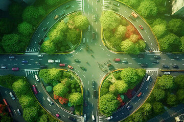 Aerial top view of a roundabout in the middle of a green city