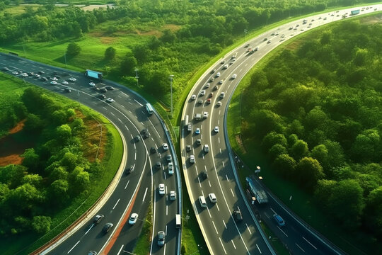 Aerial view of highway with cars moving on road at sunset.