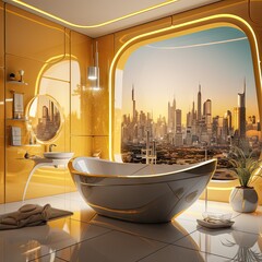 a modern bathroom with city skylines in the background 3d wallpaper mural decal sticker for living room