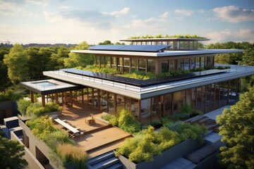 Sustainable Eco-Friendly Building - Futuristic Architecture, Green Roofs, Solar Panels, and Natural Integration - Generative AI
