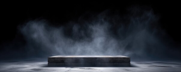 gray concrete platform podium with smoke on dark background - obrazy, fototapety, plakaty