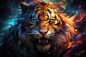 Close up of face realistic tiger , Created with Generative Ai Technology