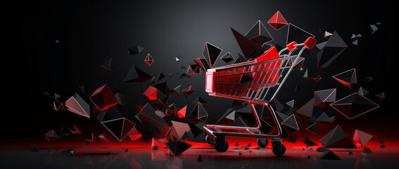Online shopping, Black Friday graphic banner with shopping cart, gift box on black background