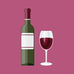 Wine bottle with glass icon in flat style. Alcohol drink vector illustration on isolated background. Champagne beverage sign business concept.