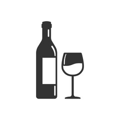 Wine bottle with glass icon in flat style. Alcohol drink vector illustration on isolated background. Champagne beverage sign business concept.