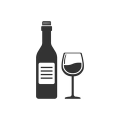 Wine bottle with glass icon in flat style. Alcohol drink vector illustration on isolated background. Champagne beverage sign business concept.