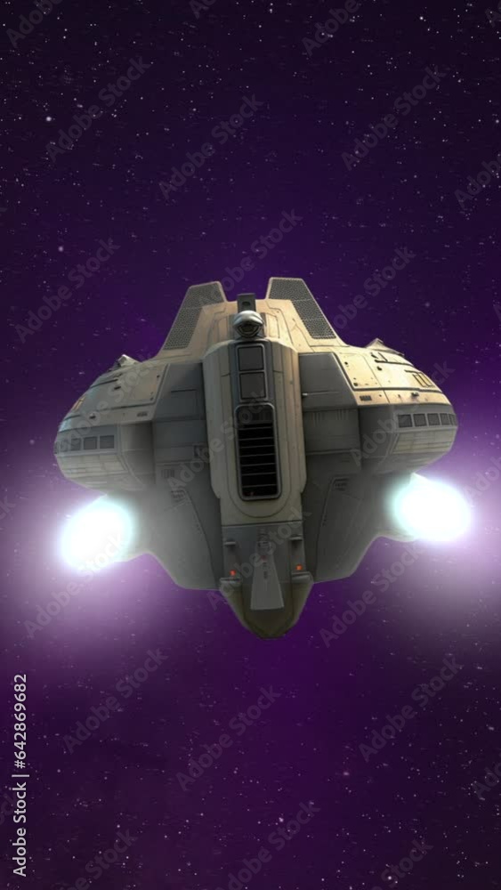 Wall mural spaceship flies in open space among stars and galaxies. space travel animation concept. vertical vid