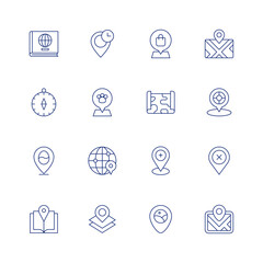Map line icon set on transparent background with editable stroke. Containing atlas, clock, compass, dog, easter, globe grid, guide book, location, location pin, map, map marker, maps, placeholder.