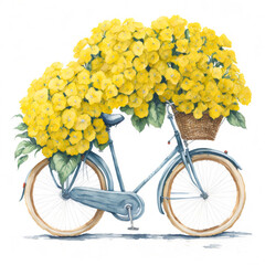 watercolor illustration of a yellow bicycle with flowers hydrangea, created with AI Generative technology