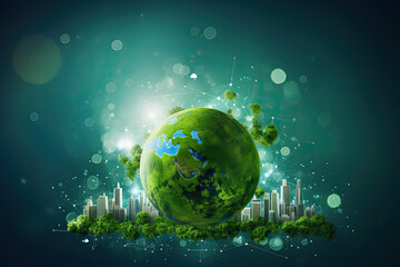 Environmental technology concept. Green Earth with Environment icons