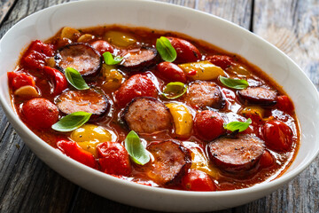 Delicious lecho - vegetables with sausages on wooden table
